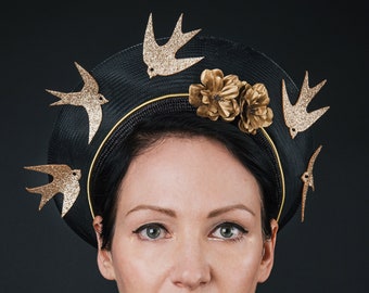 Black and gold halo headpiece with swallows and roses | pin up burlesque fascinator hair accessory