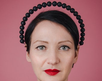 Black rubber bead halo headdress, modern clubbing fashion accessory