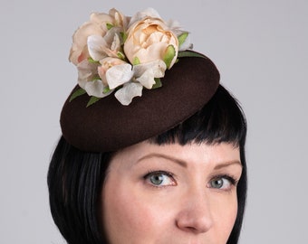 Brown mini hat with cream peonies, pastel floral fascinator ladies wedding or event hat