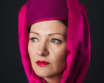 Cerise pink modern hat with draped silk cowl