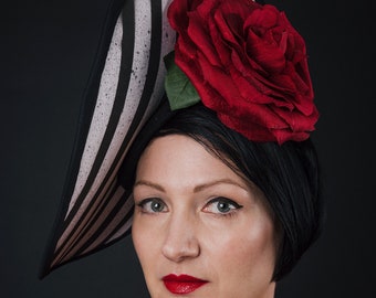 Large stripe brim occasion, wedding or Ascot hat, with giant red rose