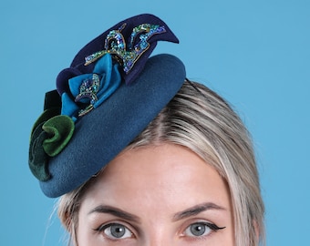 Teal peacock formal button hat with beaded decoration, felt ladies fascinator with navy and green trim for Ascot, weddings, events