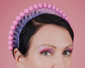 Pink and lilac bead halo headdress, rubber and ribbon pastel goth kawaii fashion accessory