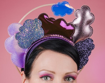 Pastel pink and purple glitter and foil fantasy cloud headdress, with golden halo