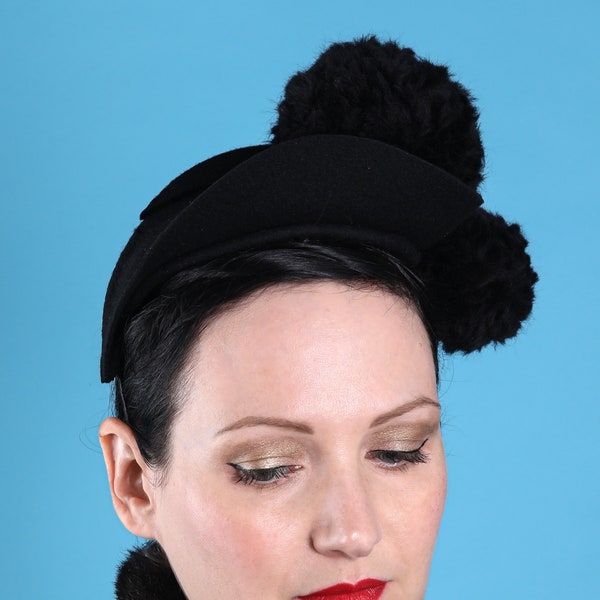 30s black felt perch hat with pompoms, vintage ladies retro accessory