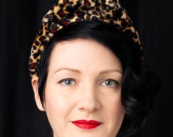 Leopard print velvet knot hairband, glam pin up turban style hair accessory