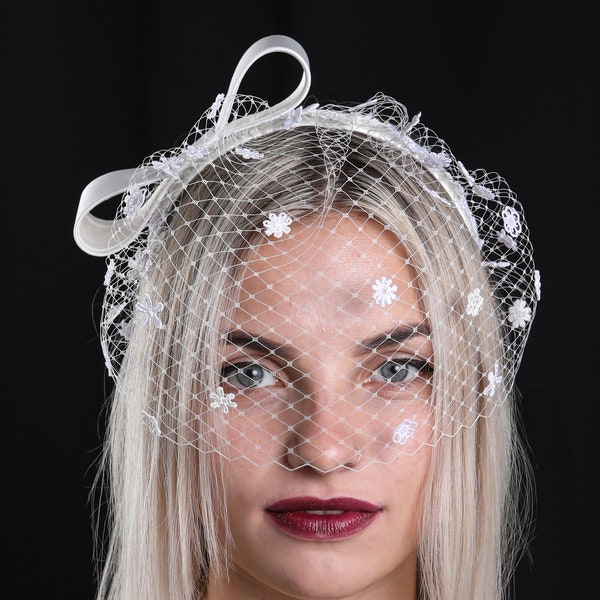 Cream bridal satin bow hair band, birdcage veil with lace flowers, wedding hair accessory on satin band