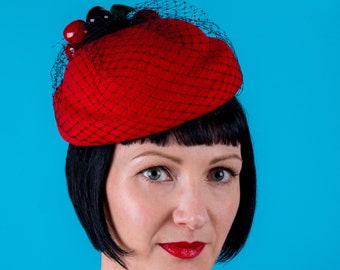 Red retro cherries hat with veil trim | 1950s style fruit accessory for summer wedding, Ascot