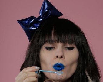 Blue bow hair band | metallic vinyl | cute hair accessory | 3D cartoon look | kawaii | gothic lolita | cosplay | costume | large hair bow