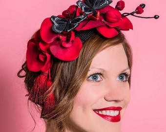 Red orchid fascinator hat with butterflies and tassels, Ascot hat, costume, wedding, burlesque, pin up style flower hat