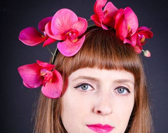 Pink flower hair band, orchid wedding fascinator or bridesmaid floral Alice band