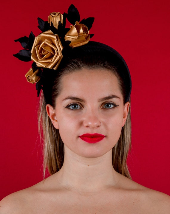 Gold Roses on Black Velvet Halo Hairband, Metallic Wedding 