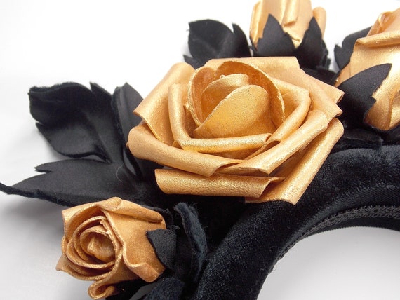 243. Black Velvet Metalic Gold Floral Headband ONLY ONE! Gold Roses on Black Velvet Halo Hairband, Metallic Wedding  main image 2
