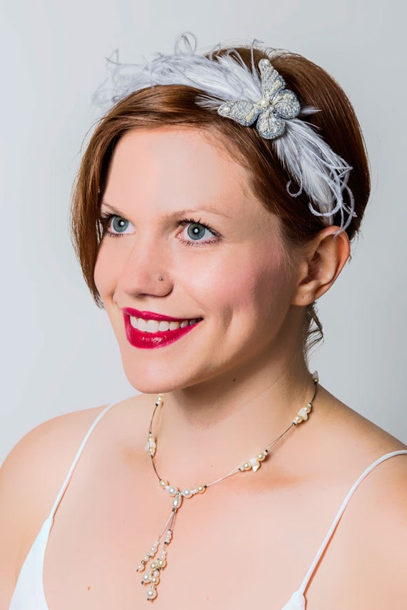 Butterfly hair band grey and cream feathers bridal Etsy