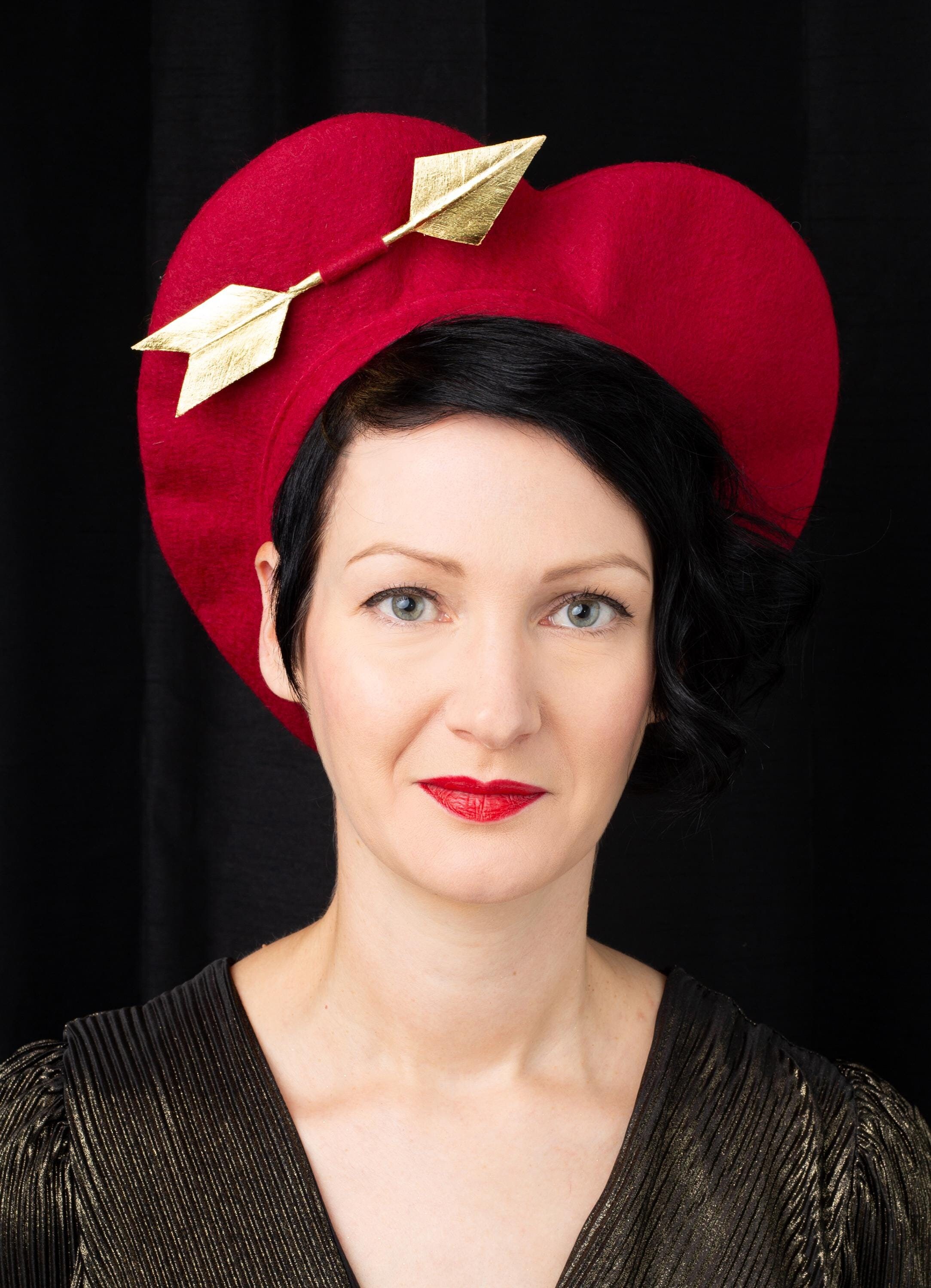 Red felt heart beret with golden arrow, warm winter love heart hat
