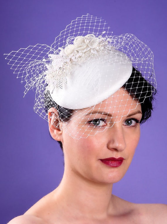 Cream Off-white Beaded Bridal Hat | Birdcage Veil | Wedding  display picture 1