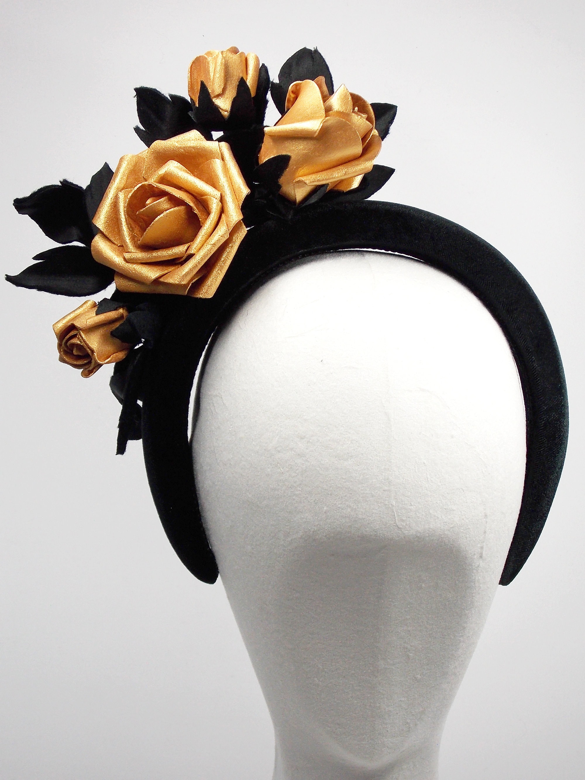 Gold Roses on Black Velvet Halo Hairband, Metallic Wedding  display picture 3