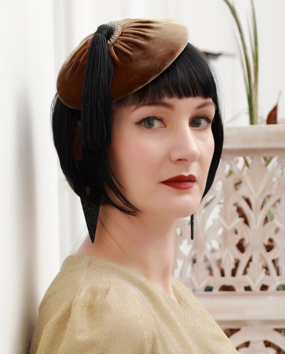Golden Brown Velvet Small Hat With Tassel and Diamanté  display picture 3
