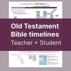 May include: A visual aid titled "Old Testament Bible timelines" for teachers and students. The image features a chronological timeline of Old Testament books, with color-coded sections and text labels. The title is displayed in large white letters on a purple background.