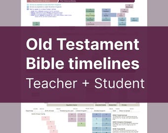 May include: A visual aid titled "Old Testament Bible timelines" for teachers and students. The image features a chronological timeline of Old Testament books, with color-coded sections and text labels. The title is displayed in large white letters on a purple background.