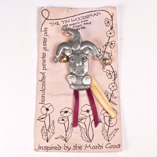 Pewter Jester Brooch 1980s Mardi Gras Pin Tin Woodsman w Original Card Eugene OR No.4794