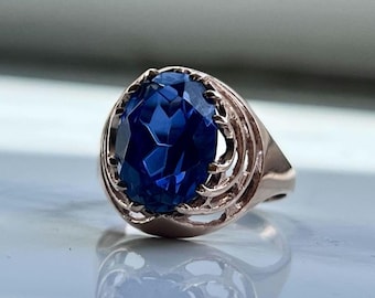 Vintage 583 Gold Ring mit Großem Tief Blauen Stein, Größe 59