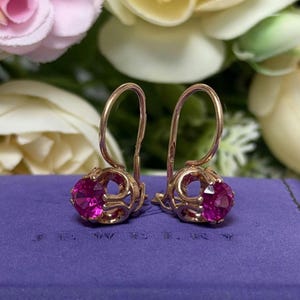 Vintage Soviet 14K (583) Rose Gold Corundum Earrings / USSR Soviet Jewelry