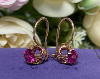 Brincos vintage soviéticos em ouro rosa 14K (583) com coríndon / Joias soviéticas da URSS