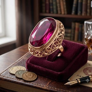 Puede incluir: Un anillo de oro con una gran piedra preciosa de color magenta intenso de corte ovalado, engastada en una banda de metal con un intrincado diseño de filigrana. El anillo se exhibe sobre un soporte de terciopelo color burdeos oscuro.