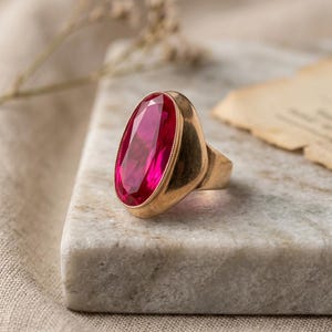 Puede incluir: Un anillo de oro con una gran piedra preciosa de corte ovalado en un vibrante color rojo rosado, montada en una banda de metal liso y pulido. La piedra está facetada con un detalle de borde perlado alrededor del engaste, mostrando gran color.