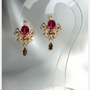 Orecchini vintage sovietici in oro 14 carati con corindone / Orecchini in oro 585 URSS / Orecchini con pietra rosso rubino
