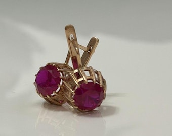 Soviet Vintage 14K Rose Gold Ruby Earrings 583 Hallmarked, USSR Russian Vintage Basket Earrings, 7.09g