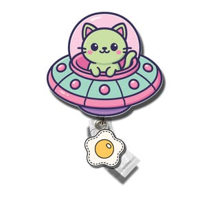 Bobine d'insigne OVNI chat extraterrestre avec breloque, porte-carte d'identité mignon chaton spatial, bobine d'insigne drôle pour infirmières, enseignants, personnel de bureau, cadeau chat de science-fiction