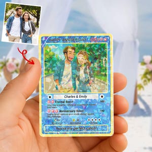 Tarjeta acrílica holográfica de Pokémon personalizada para aniversario, tarjeta coleccionable de anime personalizada con tu foto, recuerdo único para pareja.