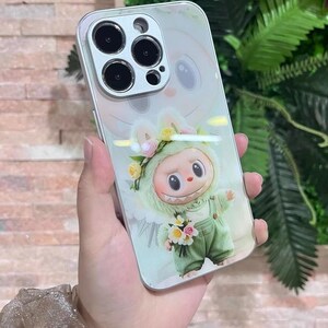 Niedliche iPhone Hülle, Blumenmuster, weiches Design mit 3D Cartoon Design, pastellfarbene, ästhetische Handyhülle, Häschen iPhone Hülle, Blumenmuster für Mädchen