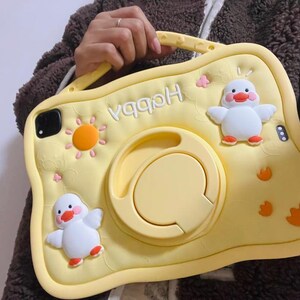Cartoon iPad Case, Pastel Duck ipad case, Adorable iPad Cover,Soft Protective Case, 3D Character iPad Case, Cute iPad Case,Yellow iPad Cover
