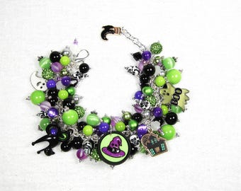 Handmade Chunky Halloween Purple/Lime Green/Witch/Ghost/Black Cat Beaded Charm Bracelet