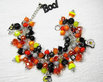 Handmade Halloween Candy Corn Ghost Cha-Cha Chunky Beaded Charm Adjustable Bracelet