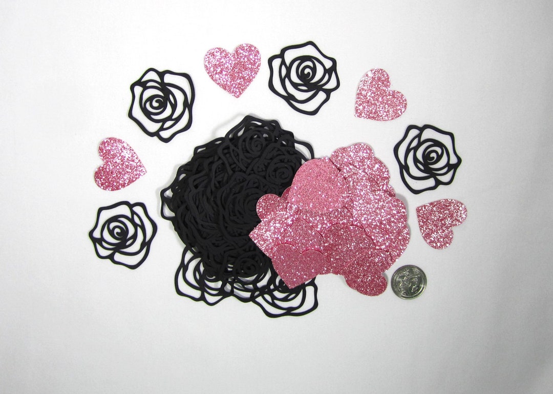 100pc Birthday or Wedding Black Roses and Pink Glitter Heart Confetti ...