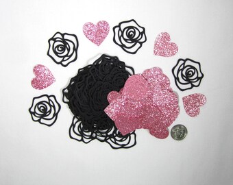 Black Roses & Pink Glitter Heart Confetti: Gothic Wedding Table Decorations 100pc