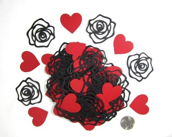 100pc Gothic Birthday or Punk Party Black Rose & Red Heart Confetti -Table Decorations