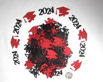 150pc Red and Black Graduation Hat and 2024 Year Confetti Table Top or Throw Graduation Confetti