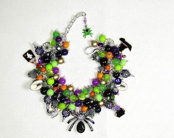 Handmade Chunky Halloween Cha Cha Spooky Beaded Spider-Witch Bracelet - Adjustable