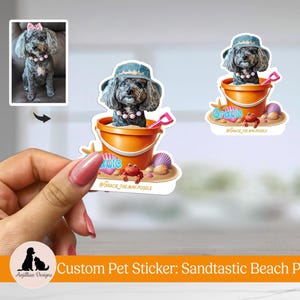 Seau de plage de sable | Cadeau pour amoureux des animaux de compagnie | Stickers pour sacs cadeaux |  Étiquette de bouteille d'eau | Portrait d'animal de compagnie | Art personnalisé pour animaux de compagnie