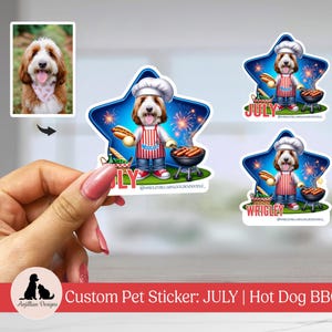 juillet | Barbecue | Cadeau pour amoureux des animaux de compagnie | Stickers pour sacs cadeaux |  Étiquette de bouteille d'eau | Portrait d'animal de compagnie | Art personnalisé pour animaux de compagnie