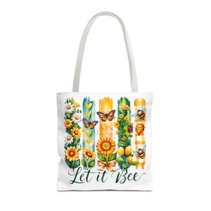 Garden Let i Bee Tote Bag, Floral Bee Tote, Nature Lover Bag, Bee Lover Gift, Botanical Print Bag, Farmer&#39;s Market Tote Bag