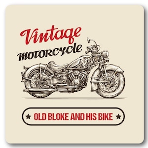 Vintage, old bloke and his bike Motorbike Coaster
