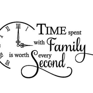 May include: Black and white wall art featuring a clock design with Roman numerals. The text reads "Time spent with Family is worth every second."