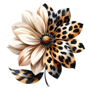 May include: A watercolor illustration of a stylized flower with a unique design. Half of the petals are a creamy white and brown gradient, while the other half feature a leopard print pattern in shades of tan, brown, and black. The flower has a dark center and a single leaf.