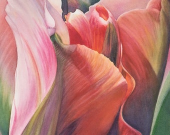 Original framed watercolor painting, Festival Bloom, tulip, multicolor, garden, spring, close up, botanical, contemporary, warm, abstract
